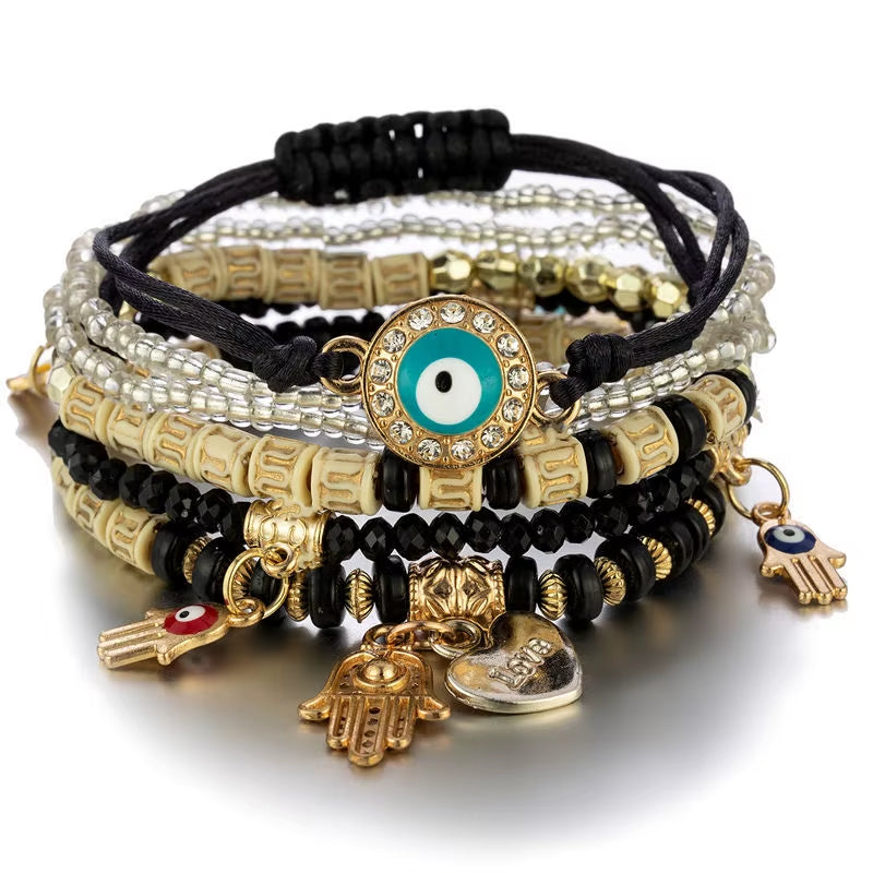 6Pcs/Set Bohemian Evil Eye Bracelet Set for Women Fatima Hand Heart Charm Beaded Rope Chain Bangle Female Jewelry Gift