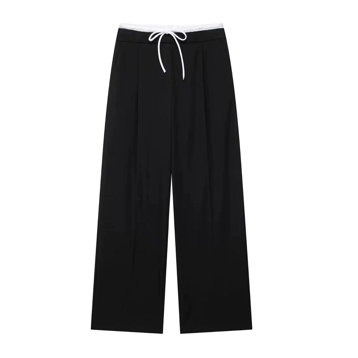 2024 Women Fashion Vintage Solid Straight Pants Side Zipper Drawstring Casual Trousers Spring New Female Wide Leg Pants