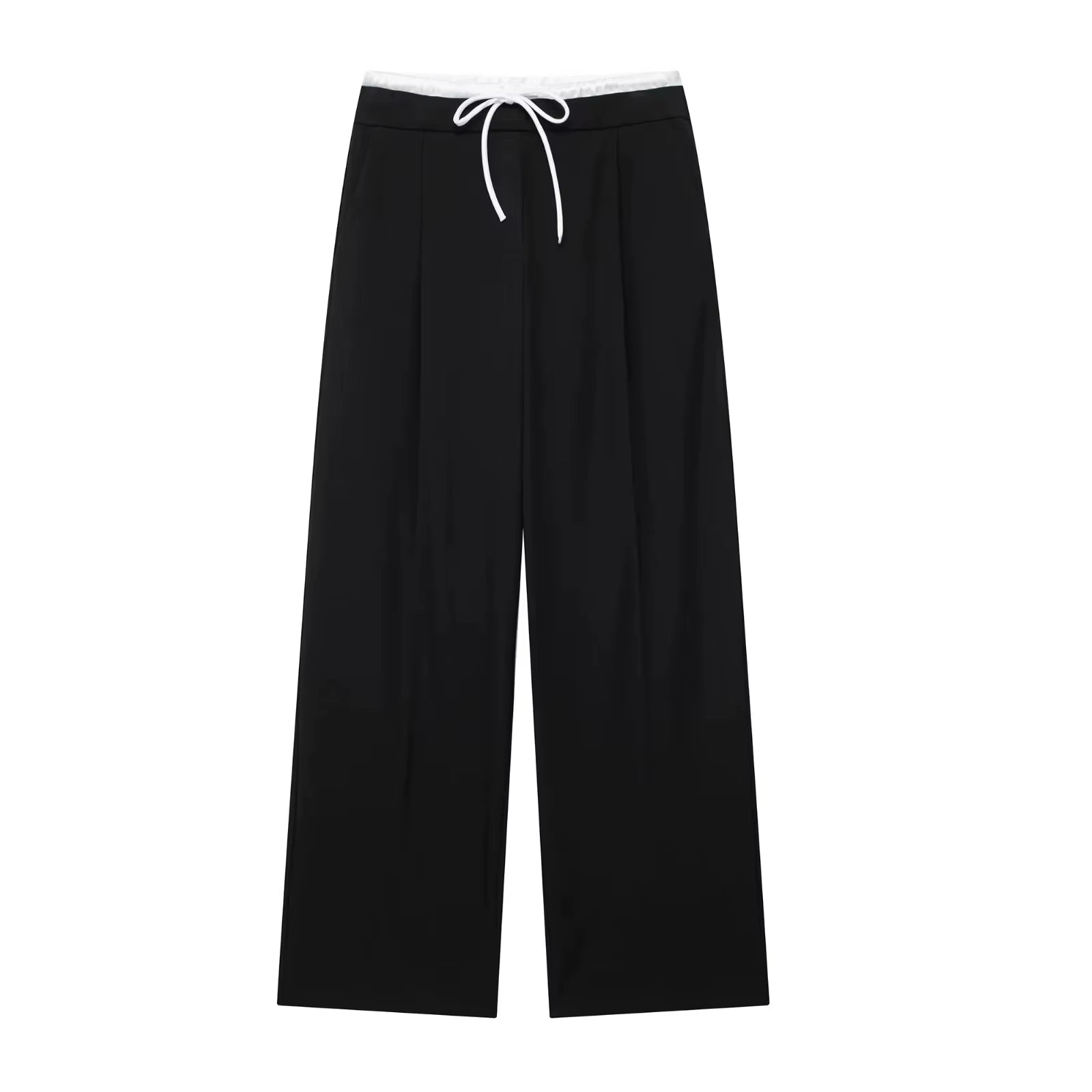 2024 Women Fashion Vintage Solid Straight Pants Side Zipper Drawstring Casual Trousers Spring New Female Wide Leg Pants