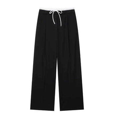 2024 Women Fashion Vintage Solid Straight Pants Side Zipper Drawstring Casual Trousers Spring New Female Wide Leg Pants