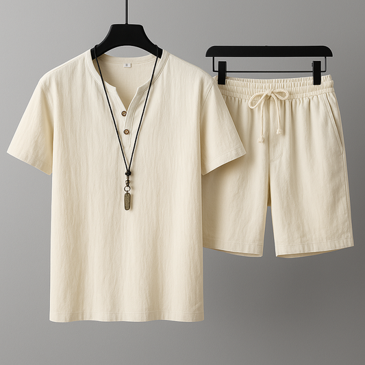 New Male Cotton Linen Two-Piece Summer