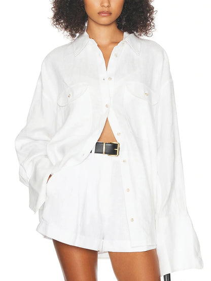  Lapel Shirt with Loose Shorts Two-Piece Set 