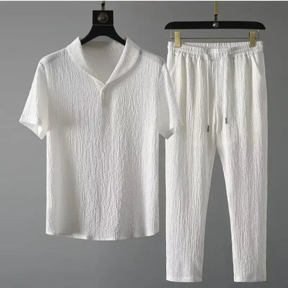 Summer Ultra-Thin Five-Piece Ice Silk Linen Suit Men'S Cotton Linen 2-Piece Set Loose-Fit Mid-Sleeve T-Shirt Sports Wear