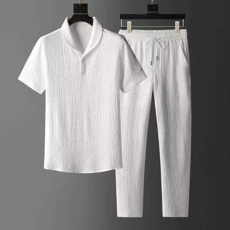 Summer Ultra-Thin Five-Piece Ice Silk Linen Suit Men'S Cotton Linen 2-Piece Set Loose-Fit Mid-Sleeve T-Shirt Sports Wear