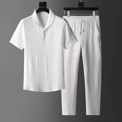 Summer Ultra-Thin Five-Piece Ice Silk Linen Suit Men'S Cotton Linen 2-Piece Set Loose-Fit Mid-Sleeve T-Shirt Sports Wear