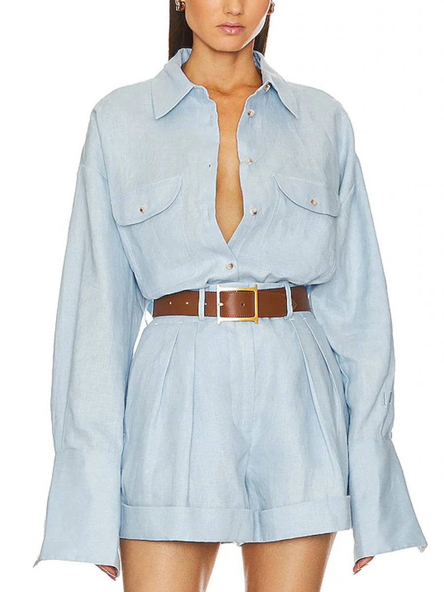  Lapel Shirt with Loose Shorts Two-Piece Set 