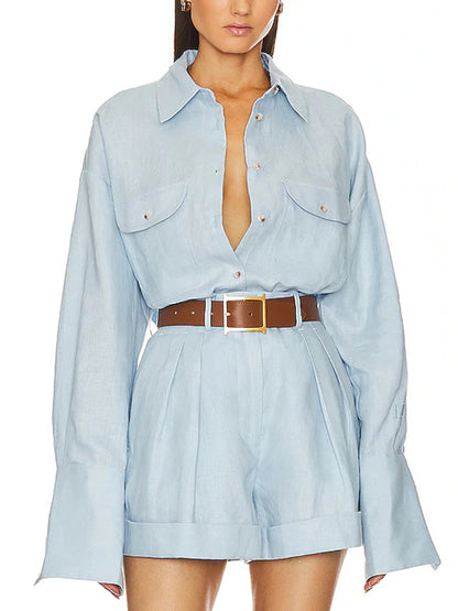  Lapel Shirt with Loose Shorts Two-Piece Set 