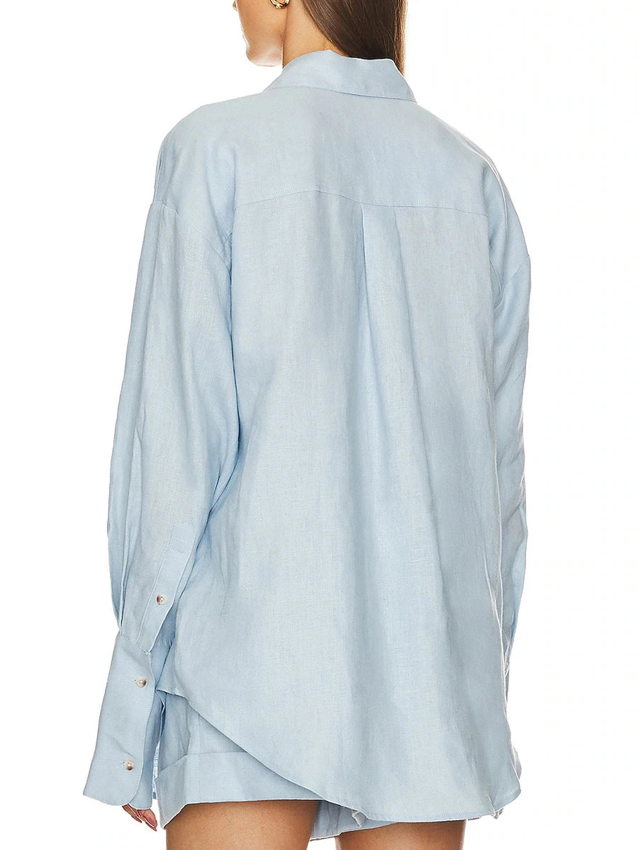  Lapel Shirt with Loose Shorts Two-Piece Set 