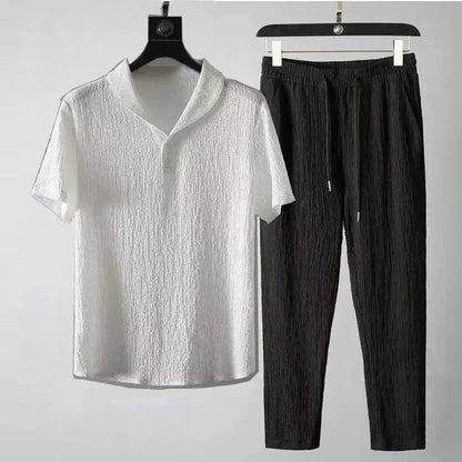 Summer Ultra-Thin Five-Piece Ice Silk Linen Suit Men'S Cotton Linen 2-Piece Set Loose-Fit Mid-Sleeve T-Shirt Sports Wear