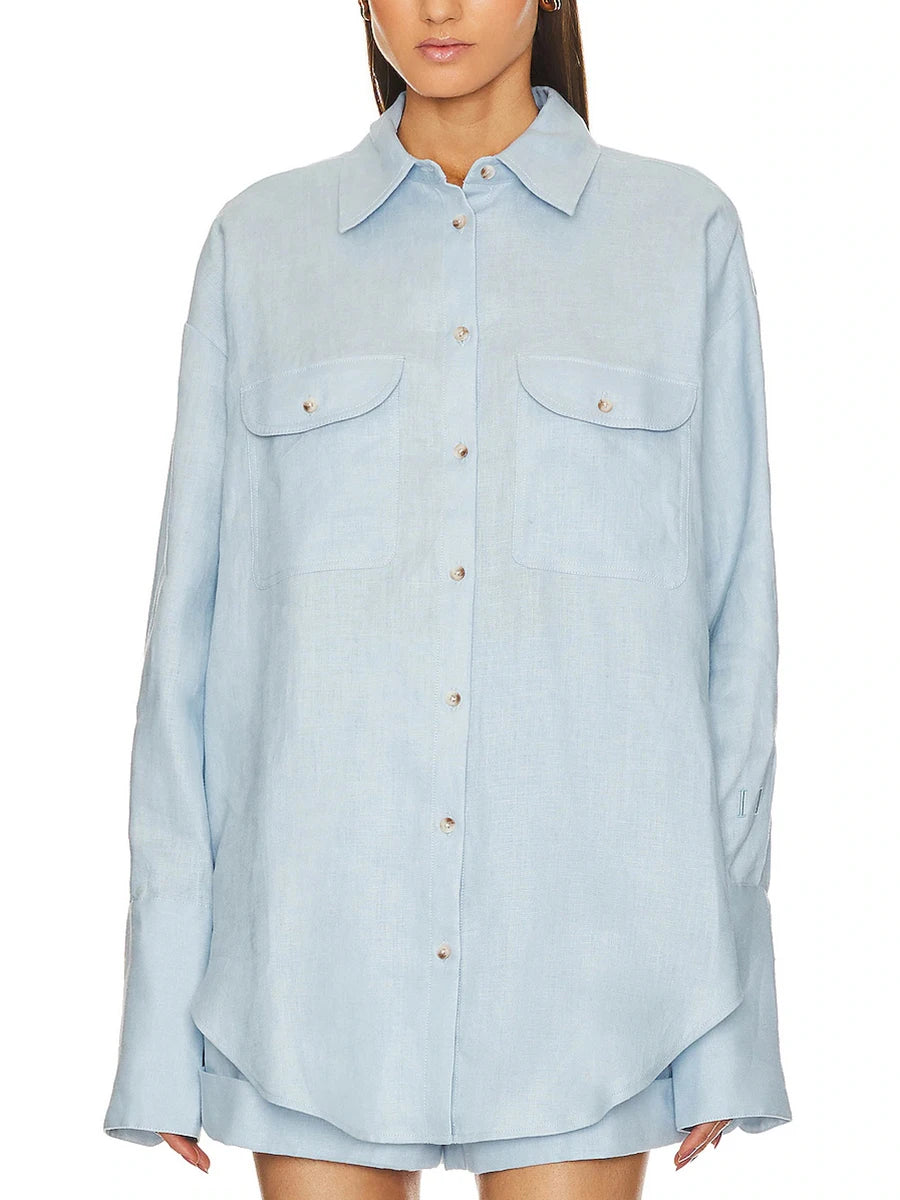  Lapel Shirt with Loose Shorts Two-Piece Set 