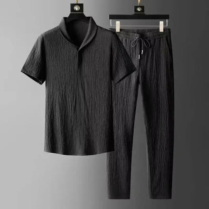 Summer Ultra-Thin Five-Piece Ice Silk Linen Suit Men'S Cotton Linen 2-Piece Set Loose-Fit Mid-Sleeve T-Shirt Sports Wear