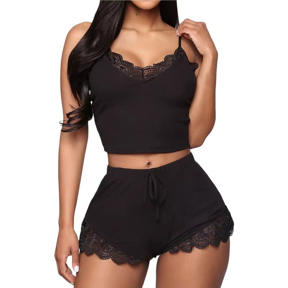 2 Pcs/Set Fabulous Sleeveless Lady Night Clothes Patchwork Women Pajamas Set Drawstring Lady Pajamas for Sleeping