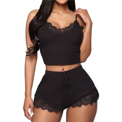 2 Pcs/Set Fabulous Sleeveless Lady Night Clothes Patchwork Women Pajamas Set Drawstring Lady Pajamas for Sleeping