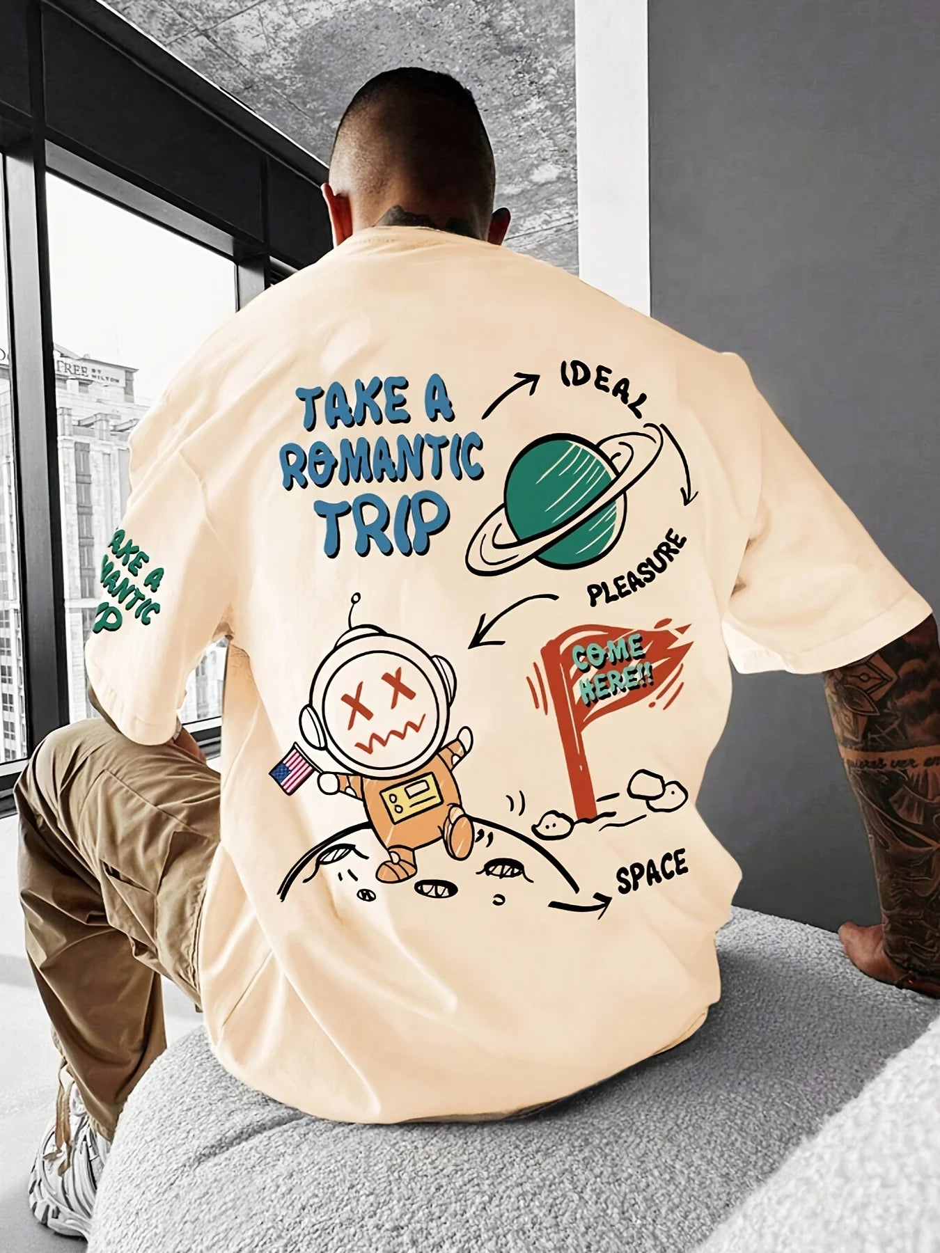 Men's Summer Cotton T-Shirt – Astronaut Cartoon Print, Loose Fit