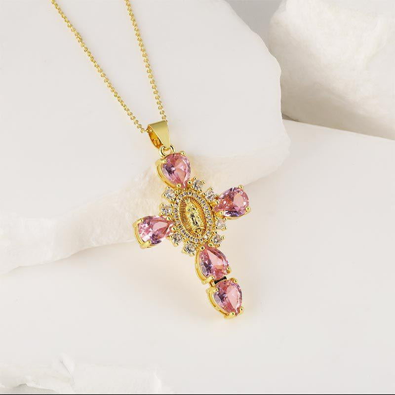 Virgin Mary Cross Teardrop Color Pendant Necklaces for Women