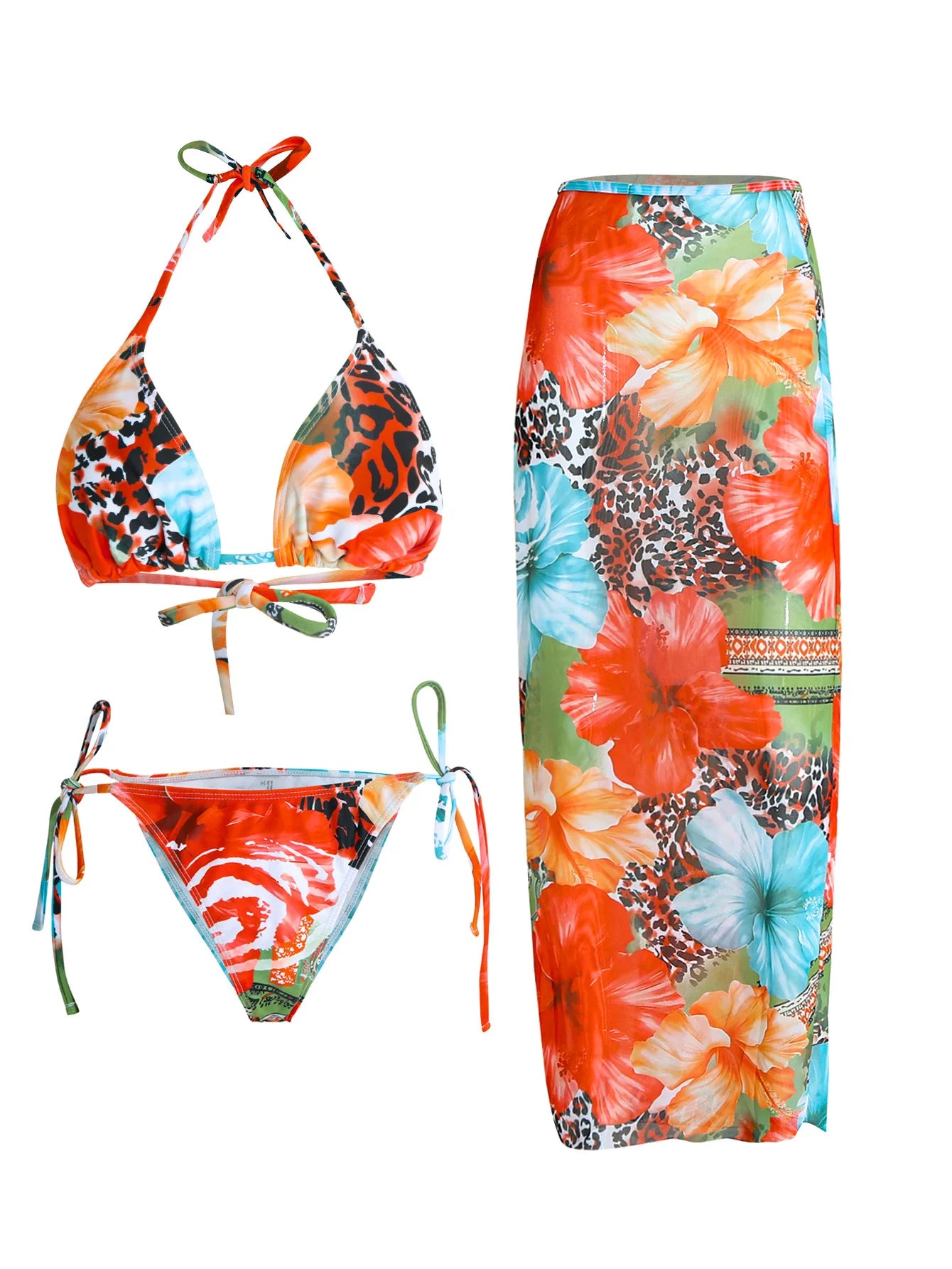 3-Piece Floral Bikini Set – High-Waist, Backless Top & Long Skirt Cover-Up (2025)