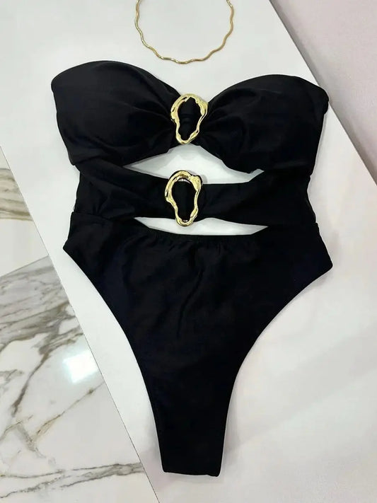  Metal Ring Cut-Out One-Piece Swimsuit 