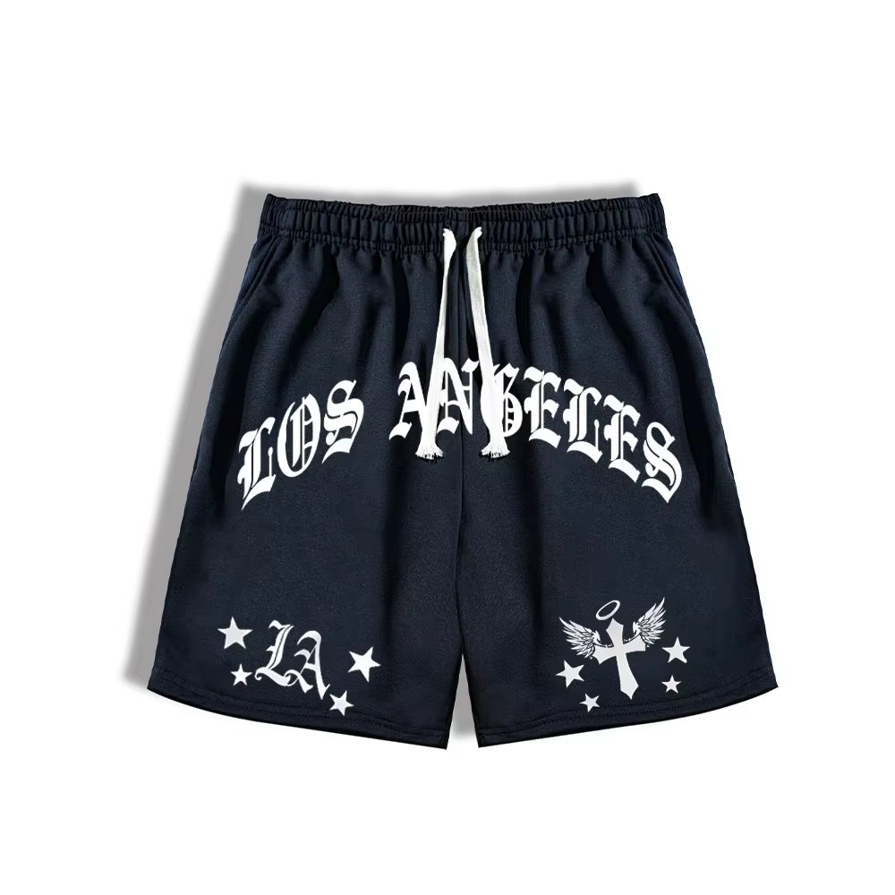 25 New Summer Men'S Loose Fit Shorts LA Letters Graphic Printed Drawstring Waist Shorts Gym Training Jogging Mesh Casual Shorts