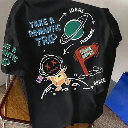 Men's Summer Cotton T-Shirt – Astronaut Cartoon Print, Loose Fit