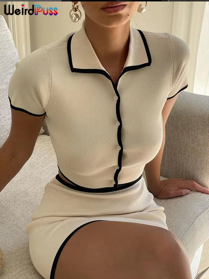 Ribbed Women 2 Piece Set Polo Neck Button Shorts Crop Tops+Mini Skirts Matching Stretch Elegant Streetwear Outfits