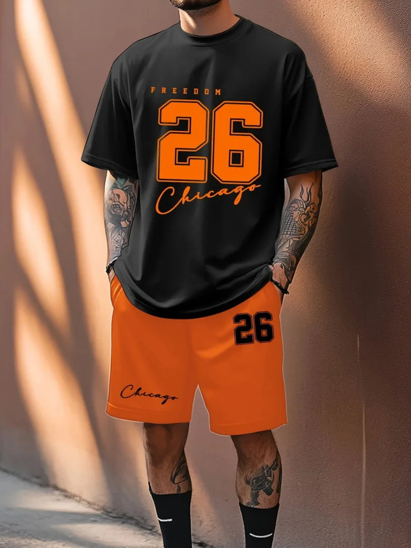 Summer Casual Crewneck Men'S Suit Unique Letters 26 Print Urban Fashion Street Short Sleeve Top and Shorts Two Pieces