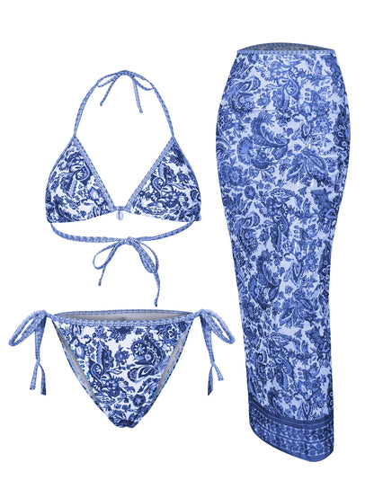 3-Piece Floral Bikini Set – High-Waist, Backless Top & Long Skirt Cover-Up (2025)