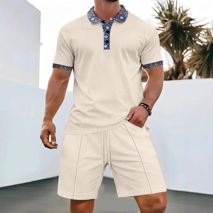 2025 Men Europe and the United States New Summer Waffle Solid Color Zip-Up Lapel Short-Sleeve Suit Shorts Two Sets