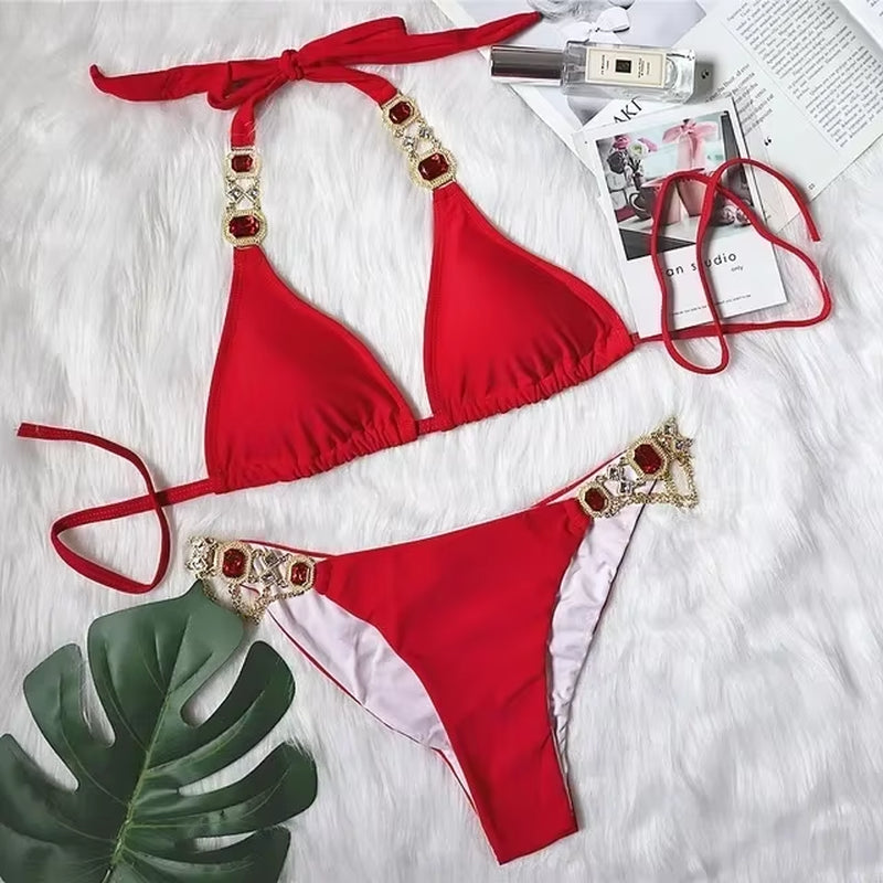 Rhinestone Diamond Halter Bikini 