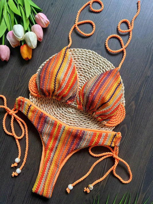 2025 Sexy Braided Rope Straps Bikini Set New Swimsuit Women Swimwear Push up Brazilian Bathing Suit Beach Biquinis