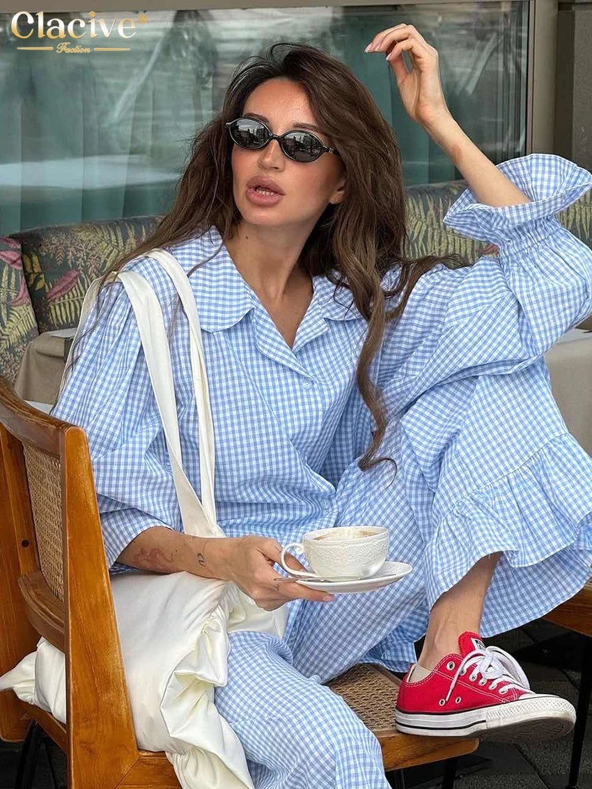 Fashion Loose Plaid Cotton Women'S 3 Pieces Set 2025 Elegant Long Sleeve Shirt with High Wiast Wide Pants Set Female