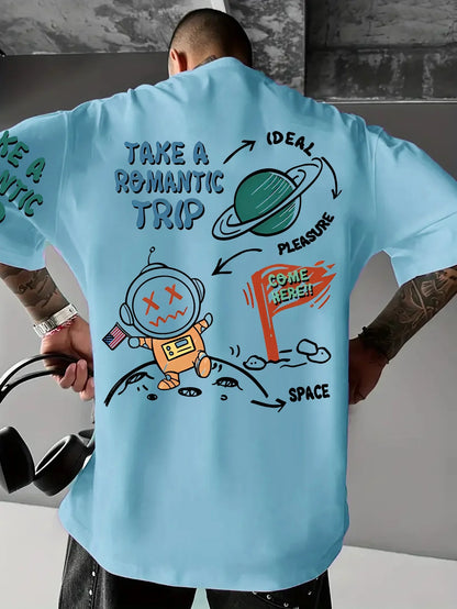 Men's Summer Cotton T-Shirt – Astronaut Cartoon Print, Loose Fit