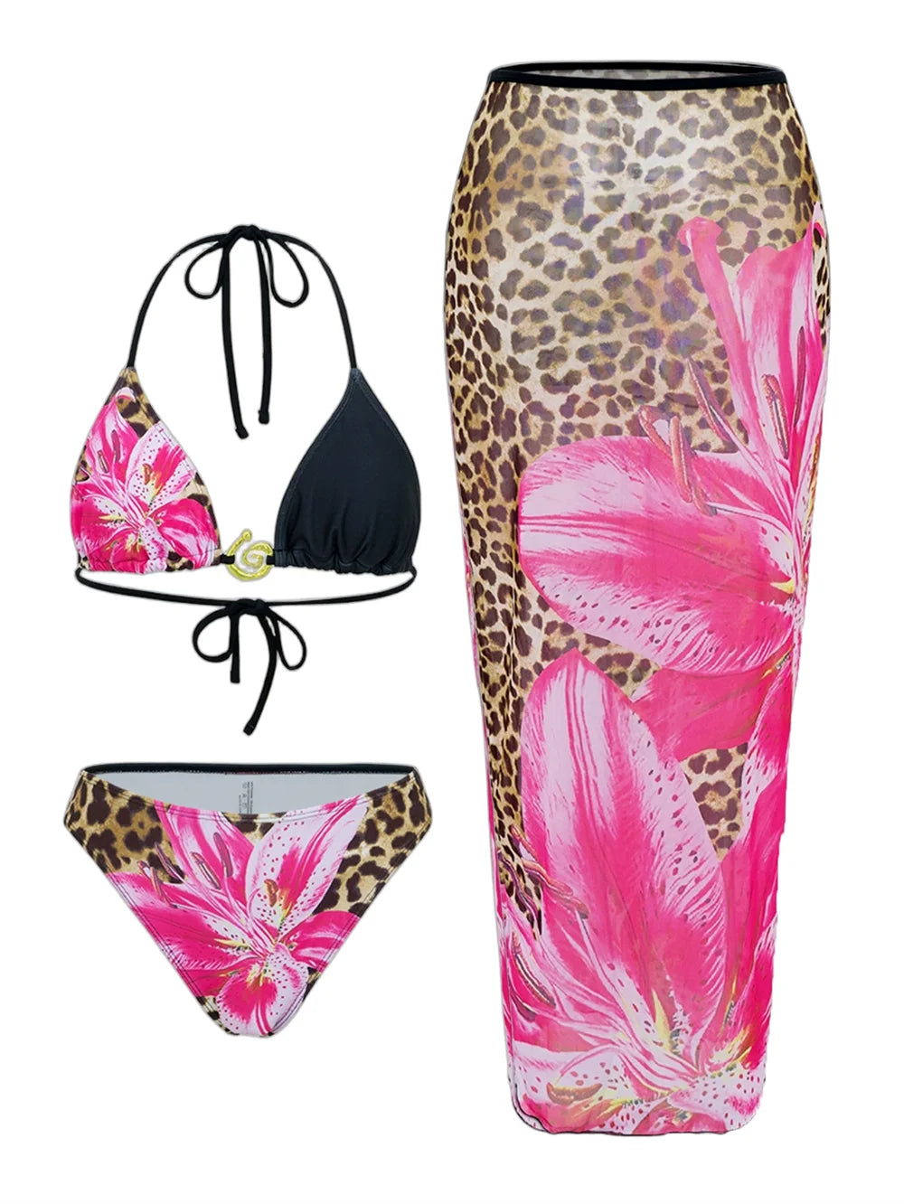 3-Piece Floral Bikini Set – High-Waist, Backless Top & Long Skirt Cover-Up (2025)