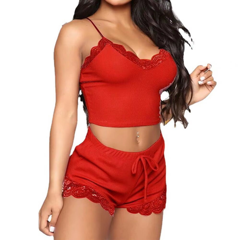 2 Pcs/Set Fabulous Sleeveless Lady Night Clothes Patchwork Women Pajamas Set Drawstring Lady Pajamas for Sleeping