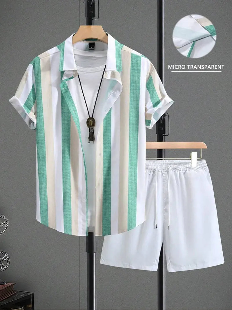 Casual Men's Summer Set – Striped Shirt & Hawaiian Beach Shorts