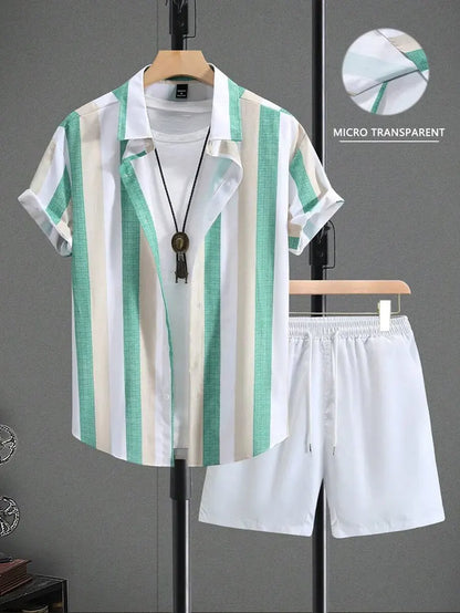 Casual Men's Summer Set – Striped Shirt & Hawaiian Beach Shorts