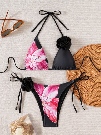 3-Piece Floral Bikini Set – High-Waist, Backless Top & Long Skirt Cover-Up (2025)