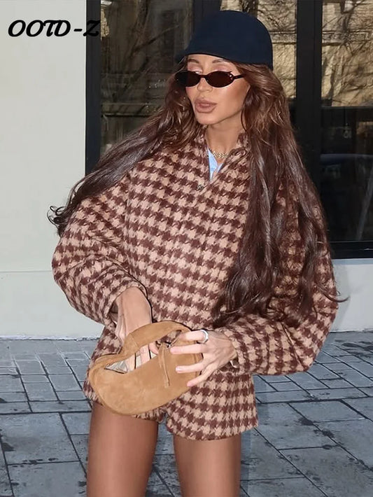 Zipper Jacket & High Waist Shorts - Women's Elegant Plaid Two Piece Set