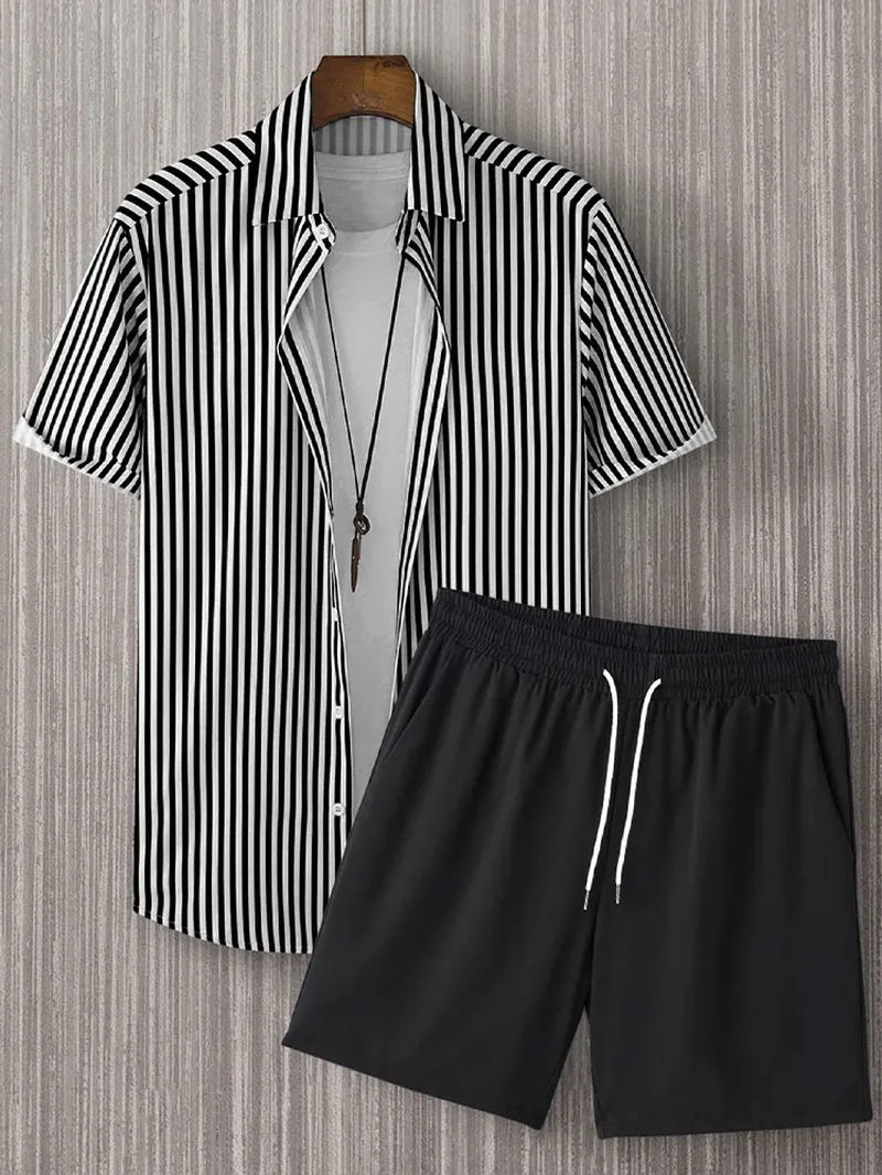 Casual Men's Summer Set – Striped Shirt & Hawaiian Beach Shorts