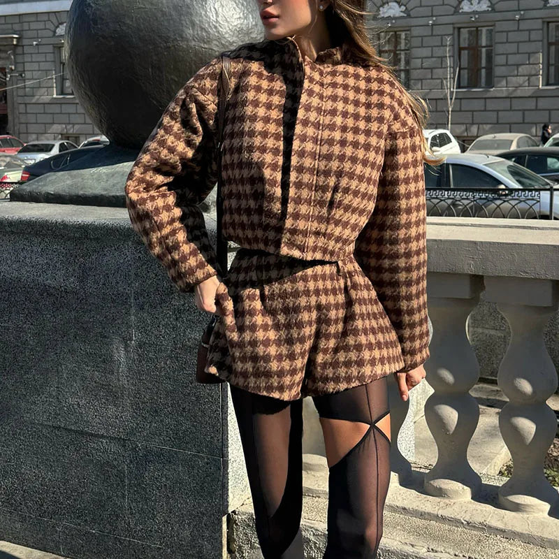 Zipper Jacket & High Waist Shorts - Women's Elegant Plaid Two Piece Set