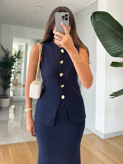 Elegant Knit Vest Suit – O-Neck Waistcoat & Bodycon Midi Skirt