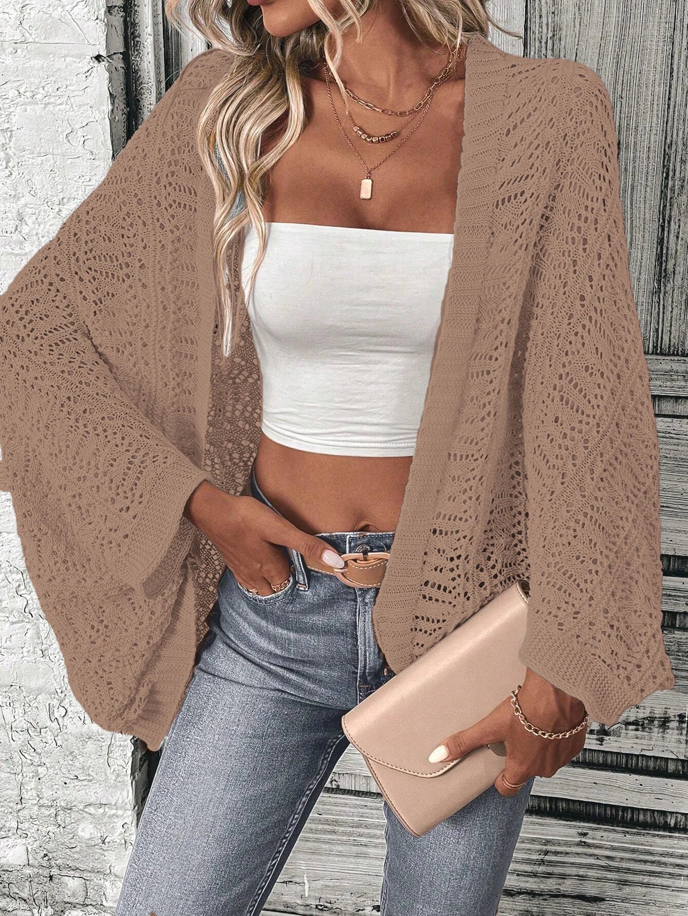 Loose Fit Camisole Knit Cardigan – Solid Color Batwing Sleeve Women's Top