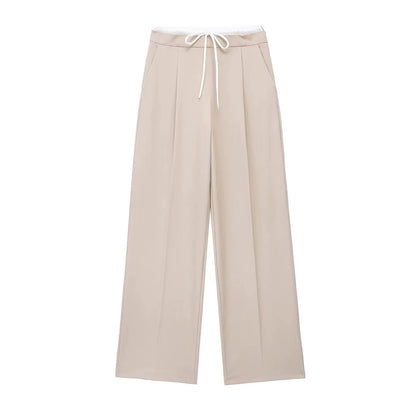 2024 Women Fashion Vintage Solid Straight Pants Side Zipper Drawstring Casual Trousers Spring New Female Wide Leg Pants