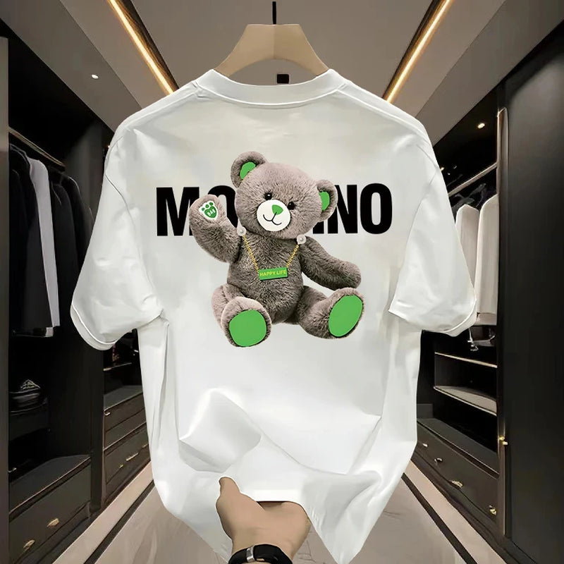 American Trendy Brand Bear Print Short-Sleeved T-Shirts for Men and Women, Pure Cotton Tops