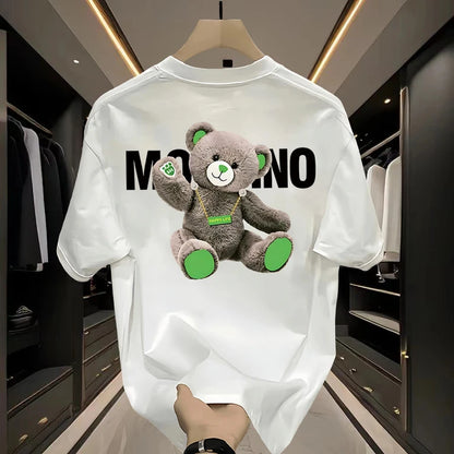 American Trendy Brand Bear Print Short-Sleeved T-Shirts for Men and Women, Pure Cotton Tops