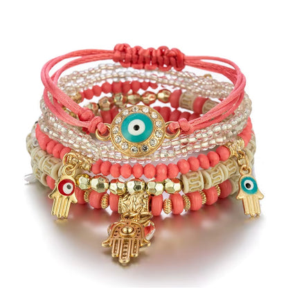 6Pcs/Set Bohemian Evil Eye Bracelet Set for Women Fatima Hand Heart Charm Beaded Rope Chain Bangle Female Jewelry Gift