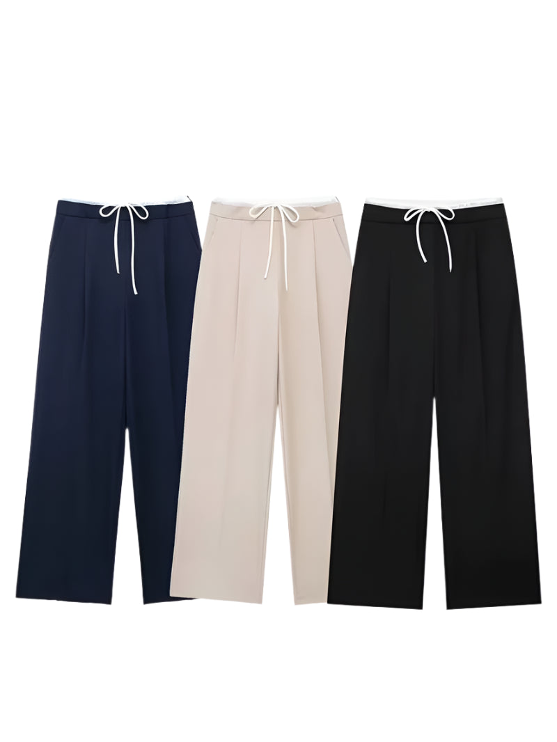 2024 Women Fashion Vintage Solid Straight Pants Side Zipper Drawstring Casual Trousers Spring New Female Wide Leg Pants