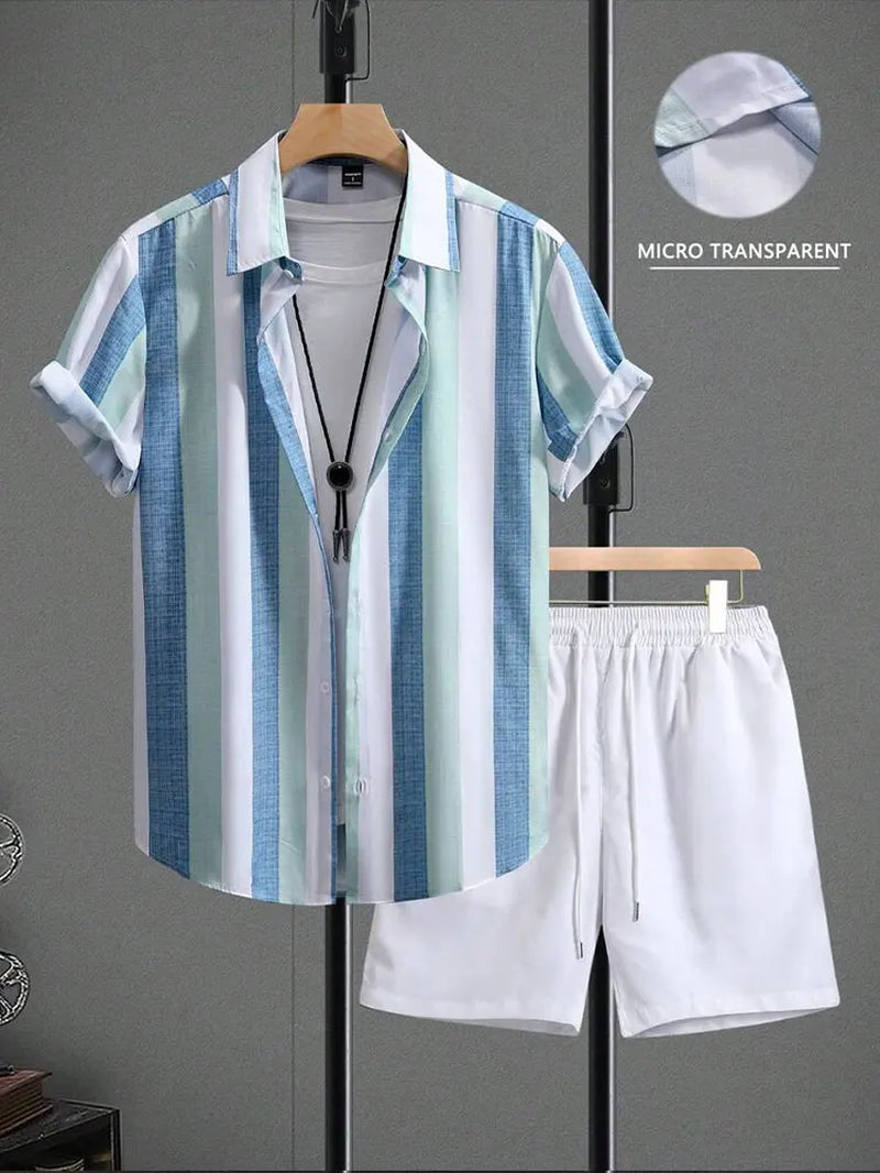 Casual Men's Summer Set – Striped Shirt & Hawaiian Beach Shorts