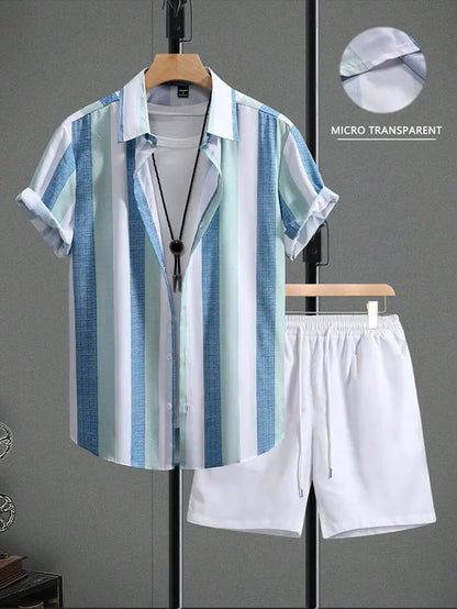 Casual Men's Summer Set – Striped Shirt & Hawaiian Beach Shorts
