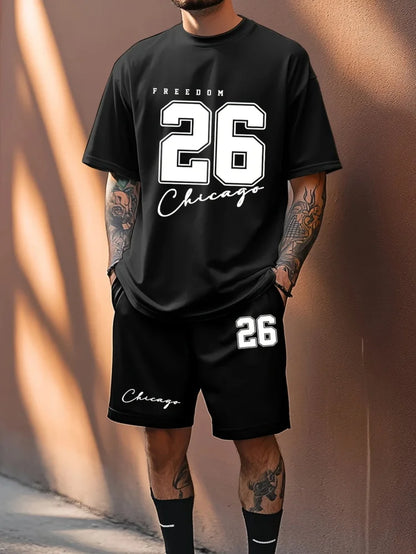 Summer Casual Crewneck Men'S Suit Unique Letters 26 Print Urban Fashion Street Short Sleeve Top and Shorts Two Pieces