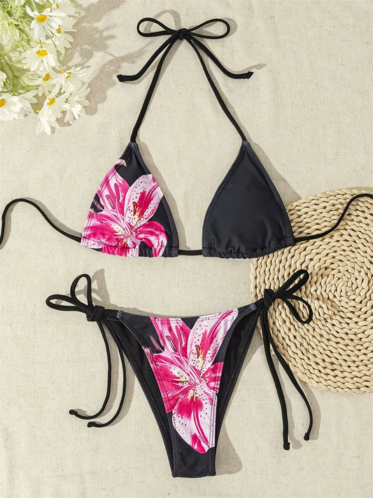 3-Piece Floral Bikini Set – High-Waist, Backless Top & Long Skirt Cover-Up (2025)